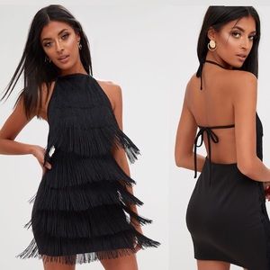 Black Tassel Fringe Flapper Halter Bodycon Dress